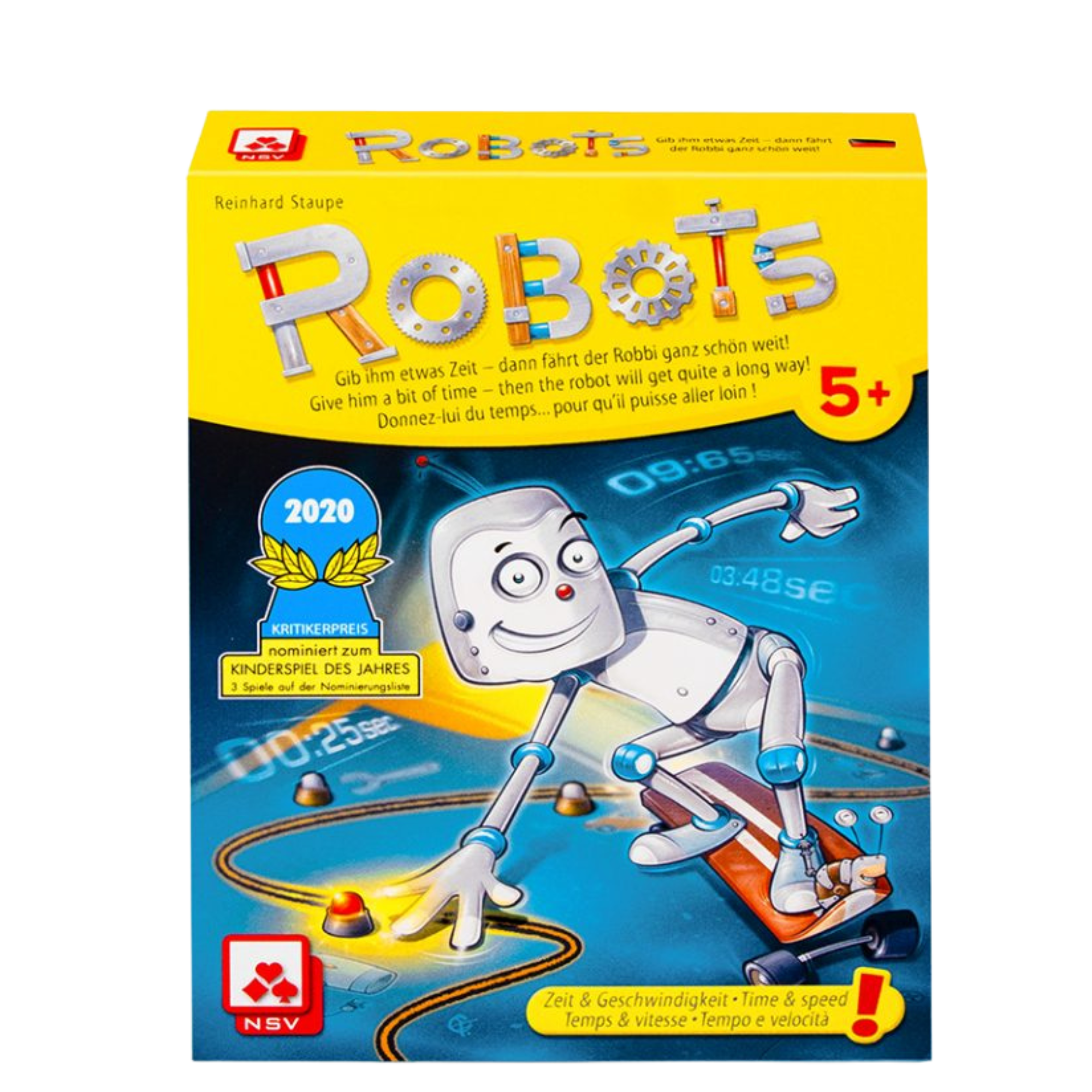 Robots spilleske i gult og blått med motiv av robot på skateboard